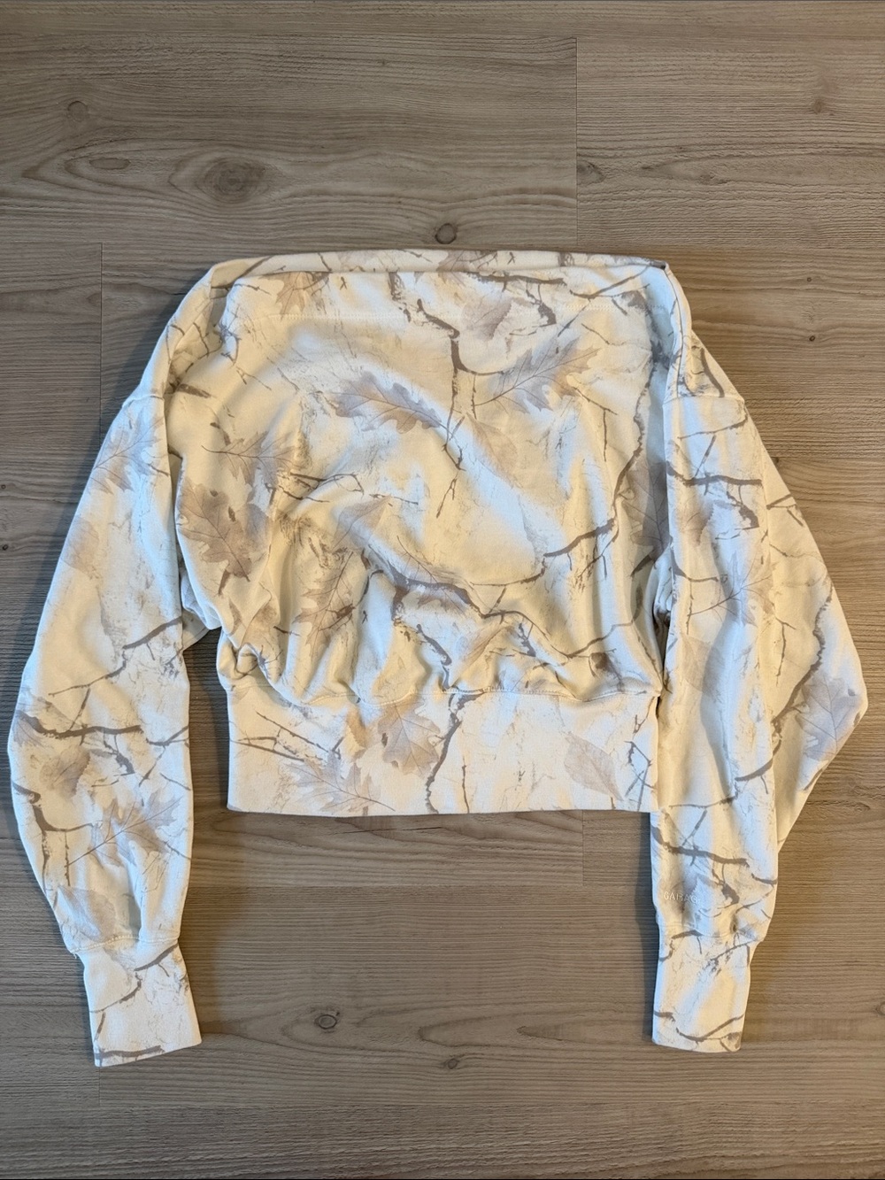 Garage Neutral Camo Off Shoulder Cropped Sweatshirt